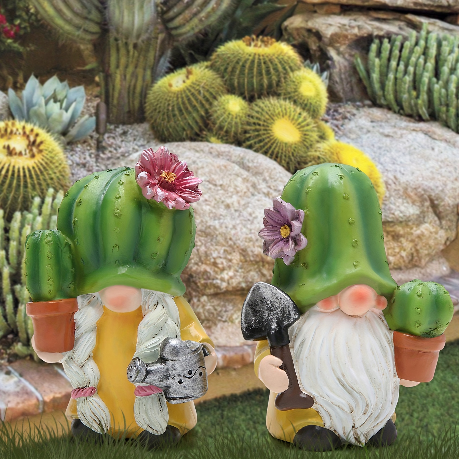 TEMU Resin Decor Gnomes Figurines Decorations Green Plant Elf Tiered Tray Decor Flower Style Gifts Desert Decoration Outdoor Statues