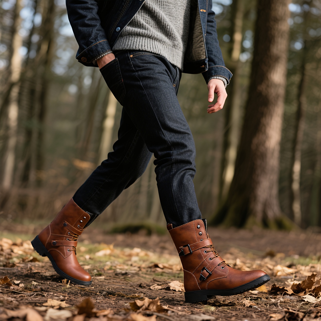 靴 vintage boots Vintage Black Knee High Block Heel 90s Leather Boots Square