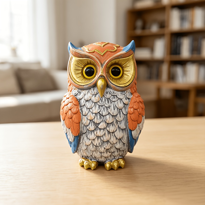 TEMU 1pc Hand-painted Resin Owl Sculpture Ornament, Retro Colorful Owl Statue Desktop Decoration, Halloween Indoor Home Shelf Decor, Ideal Gift For