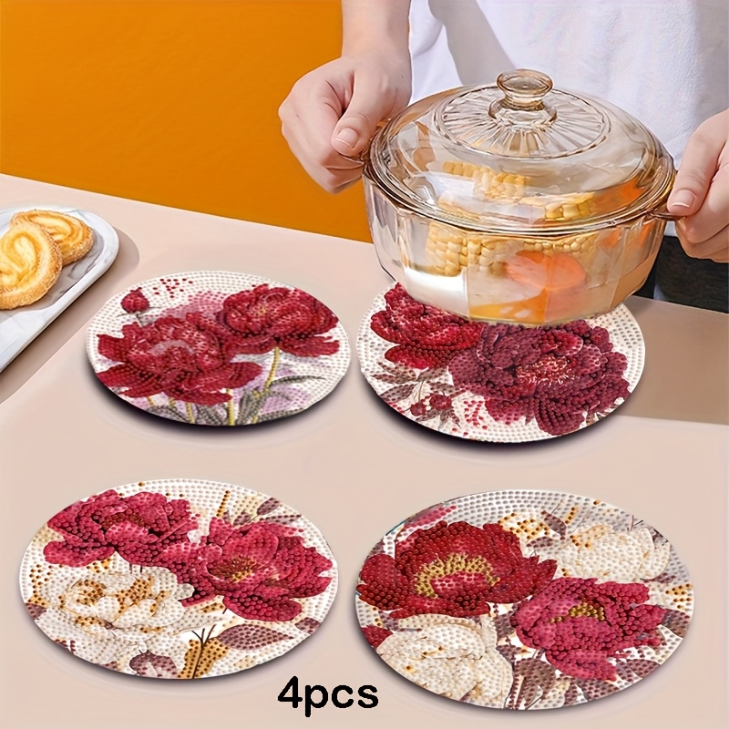 4pcs Retro Rose Diamond Painting Set - Vibrant Mandala , Non-slip, Round Wooden Placemats For Holiday Parties And Handmade Gifts, Kit