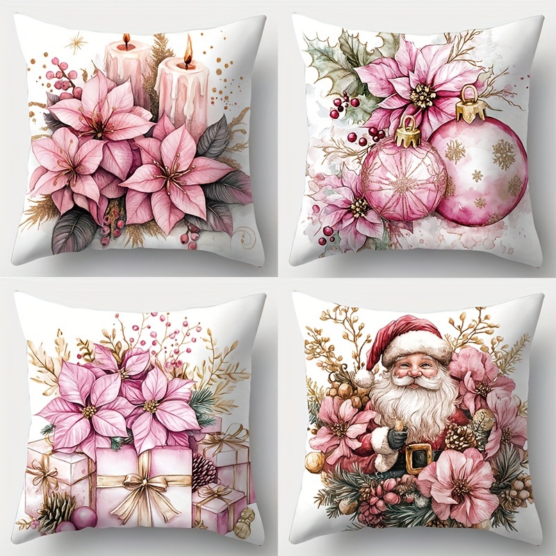 

4-pack Contemporary Christmas Pillowcases, 17.7x17.7 Inches, Polyester Zippered Covers With Santa & Reindeer Print, Handwash Only, For Home & Sofa Decor, Living Room Decorative Cushion Covers