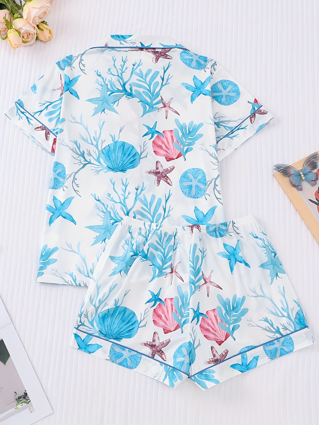 two piece womens elegant polyester pajama set knitted fabric comfortable for   short sleeved button top collar and same shorts with   seaweed print and pocket details suitable for adult pajama set Product details 1