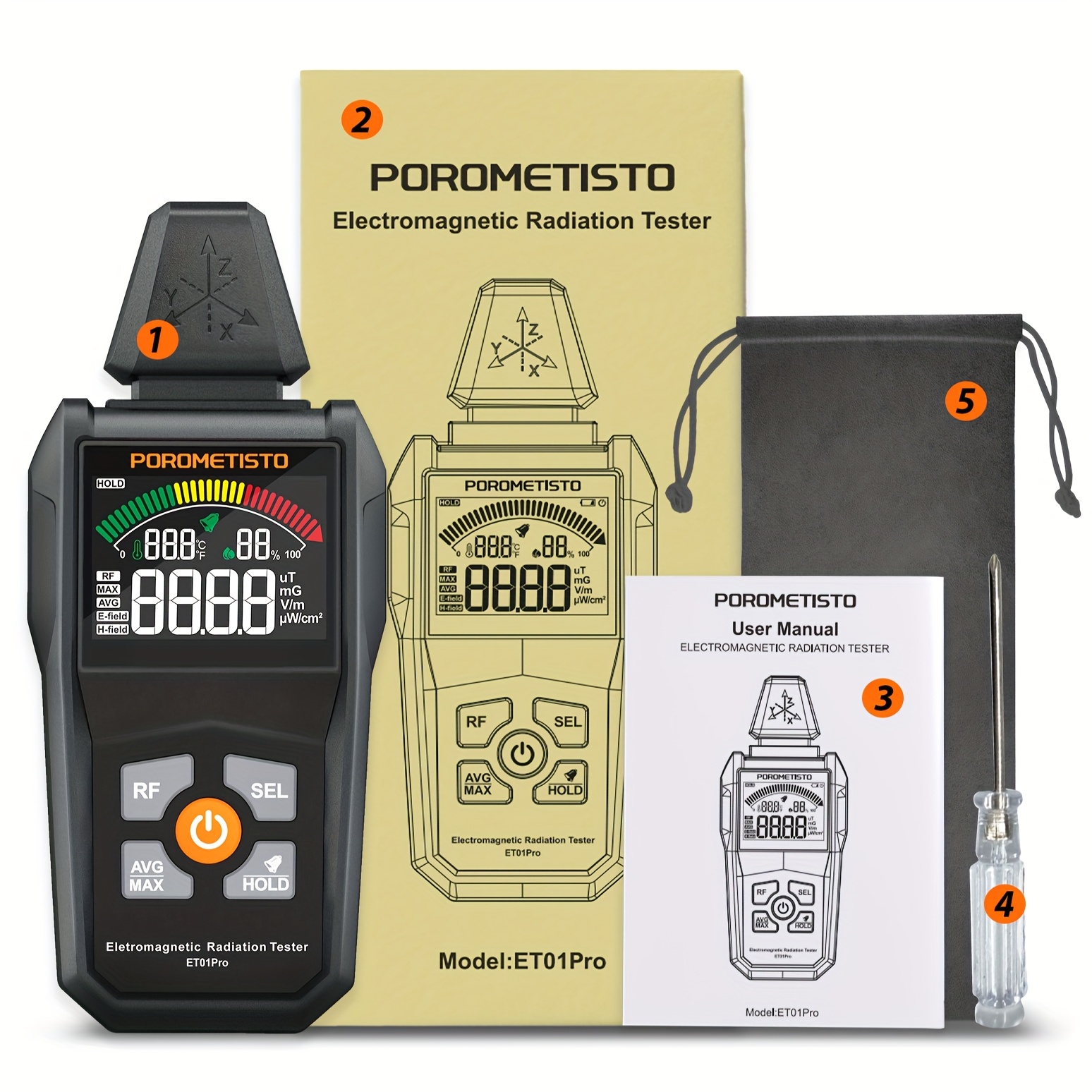 Image of Porometisto Emf Meter With Dual-screen Display & Sound Alarm - High-precision Electromagnetic Field Detector Suitable For Magnetic/electric/, Temperature/humidity Monitoring, For, Office