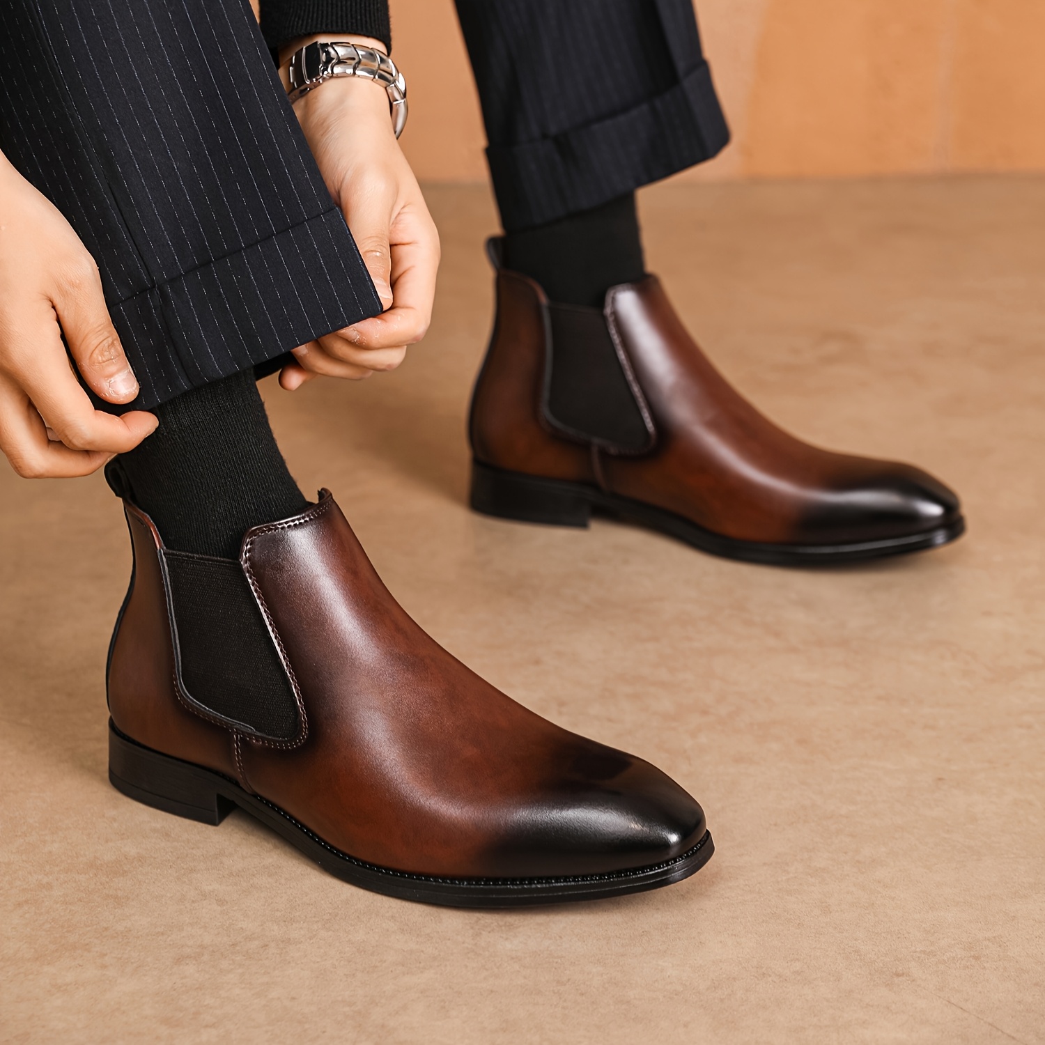 Men'S Chelsea Boots - Low Top Dress Shoes with Square Toe for Business, Stretch Ankle Boots, Ideal for Daily And Wedding Events