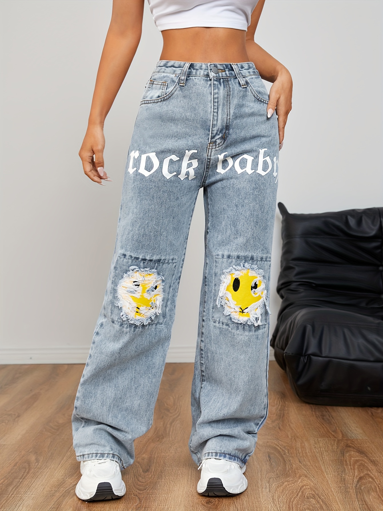 Women's Cute Style Fashion High-Waisted Wide-Leg Denim Jeans With Unique  Print Ripped And Cartoon Patches * Casual Streetwear