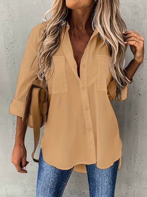 solid color button up long sleeve shirt for women