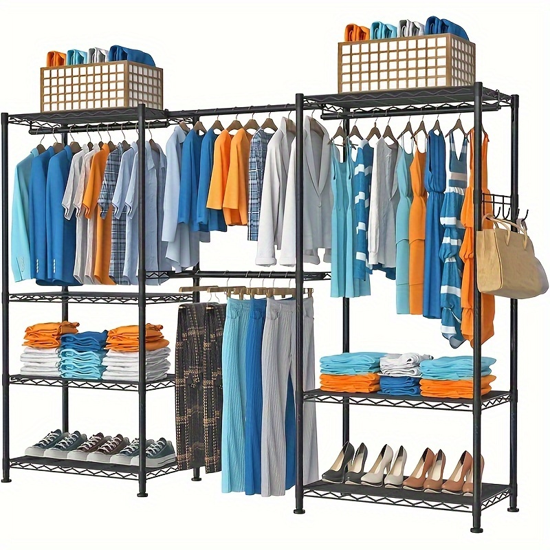 

1pcs Clothes Rack For Hanging Clothes, Adjustable Heavy Duty Clothing Rack With 4 Hang Rods & 7 Shelves, Load 800lbs, 70.47" L X 13.58" W X 76.77" H, Black