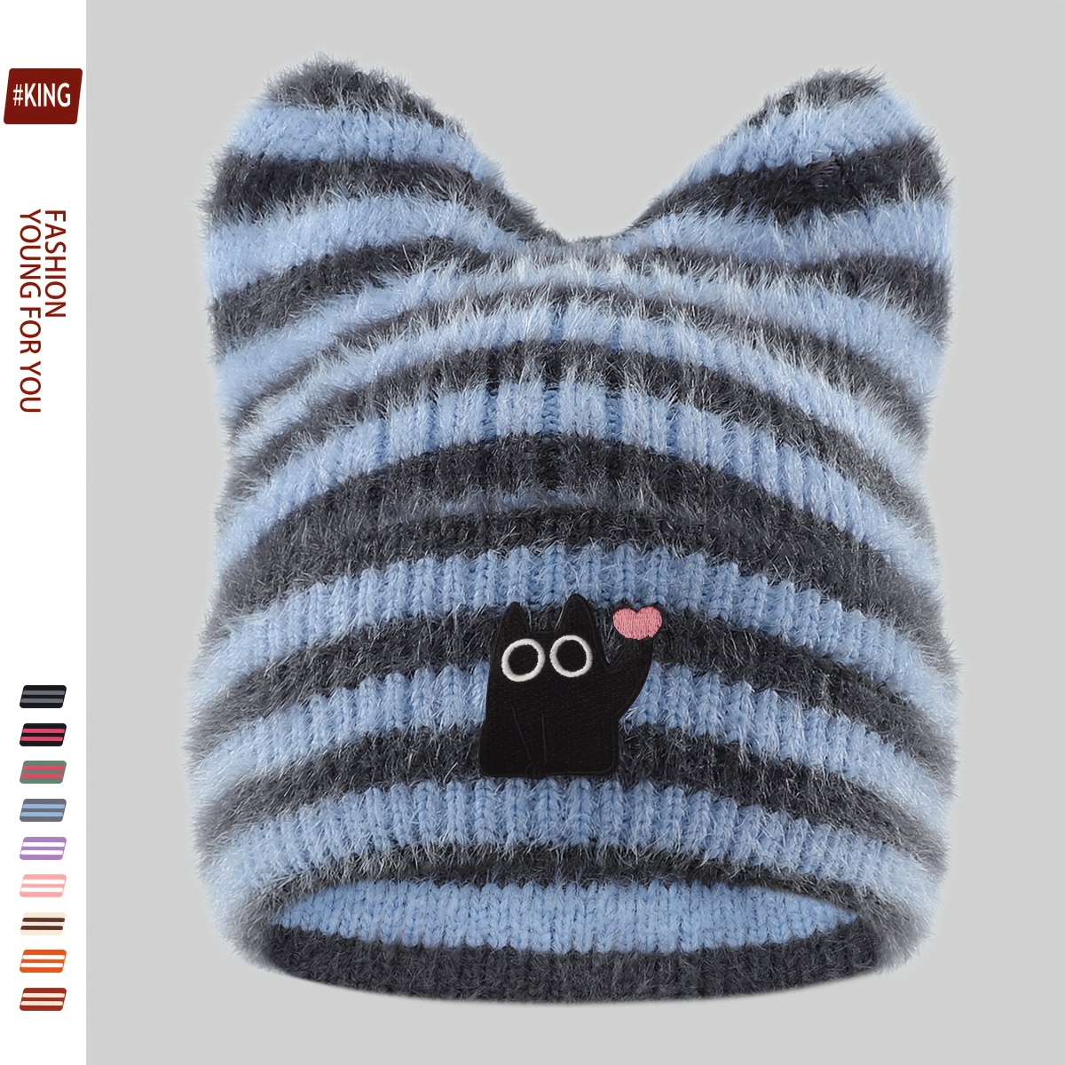 TEMU 1pc Heart- Big- Black Cat Thick Plush Cat Ear Hat, Urban Cartoon , Fluffy Brimless Hat For Men, Women, And Teens, Outdoor Trendy Skateboard Hat,