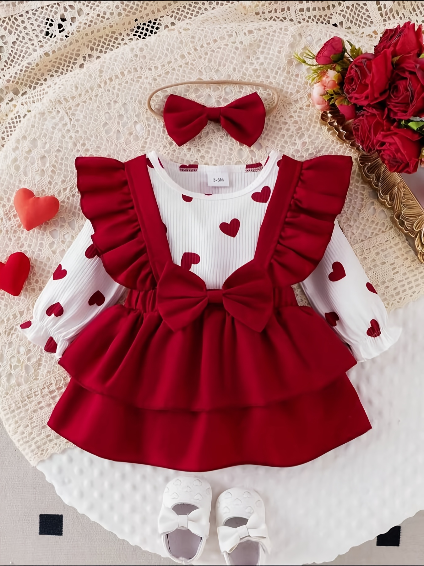 Baby Girl Sweet And Lovely Heart Print Long-Sleeved Jumpsuit + Bow Pleated Lace Suspender Skirt + Headband 3pcs Set P102317, for Outdoor
