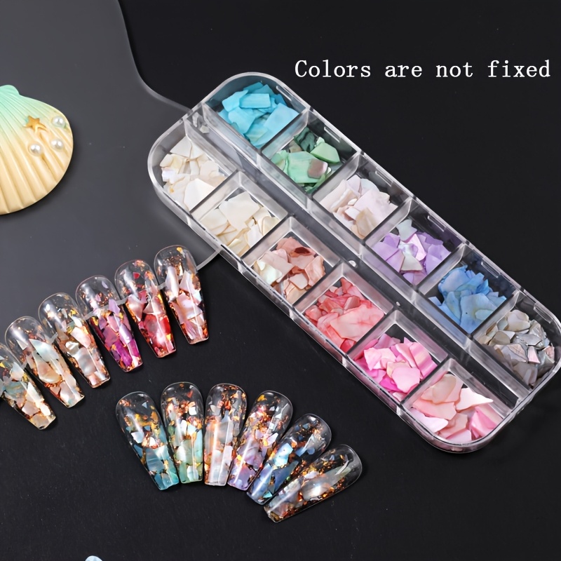TEMU de 12 compartimentos para accesorios de uñas, pegatinas de uñas ultrafinas con forma de abulón de forma irregular y decoraciones para uñas; para