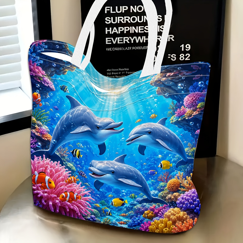 TEMU 1pc, Dolphin Coral Theme Women's Shoulder Bag, Multifunctional And Versatile, Handbag, Clutch, Evening Bag, Travel Essential, Large Capacity,