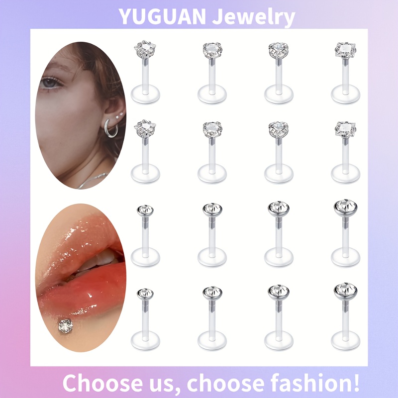 

16pcs Transparent Plug Lip With Small Pointed Drills, Round And Square Love And Five-pointed Star In Multiple Styles, Simple Lip With Tube Diameter 1.2mm And Rod Length 6/8mm