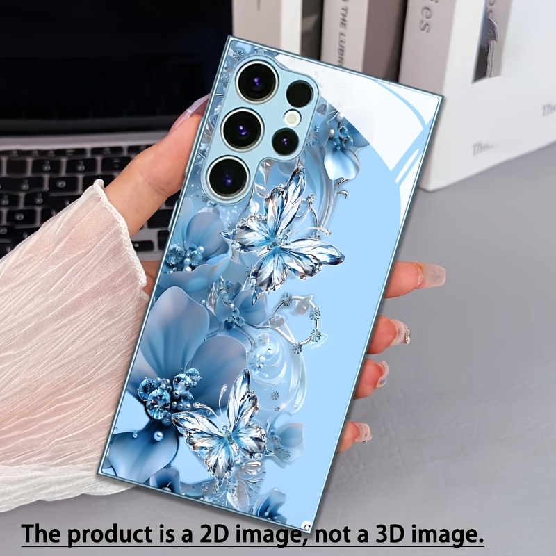 TEMU Phone Case: 2d Flat Blue Floral Pattern Fashionable -coverage Wear-resistant Metallic Paint Glass Phone Case, Suitable For Galaxy S25 Edge/s25