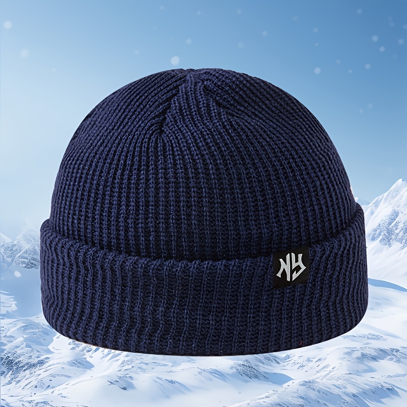 TEMU Fashionable Cloth Label Ny Melon Knit Hat, Outdoor Warm Essential Casual Pullover Hat, Unisex For Autumn Winter, Short Length Hat, Party Holiday