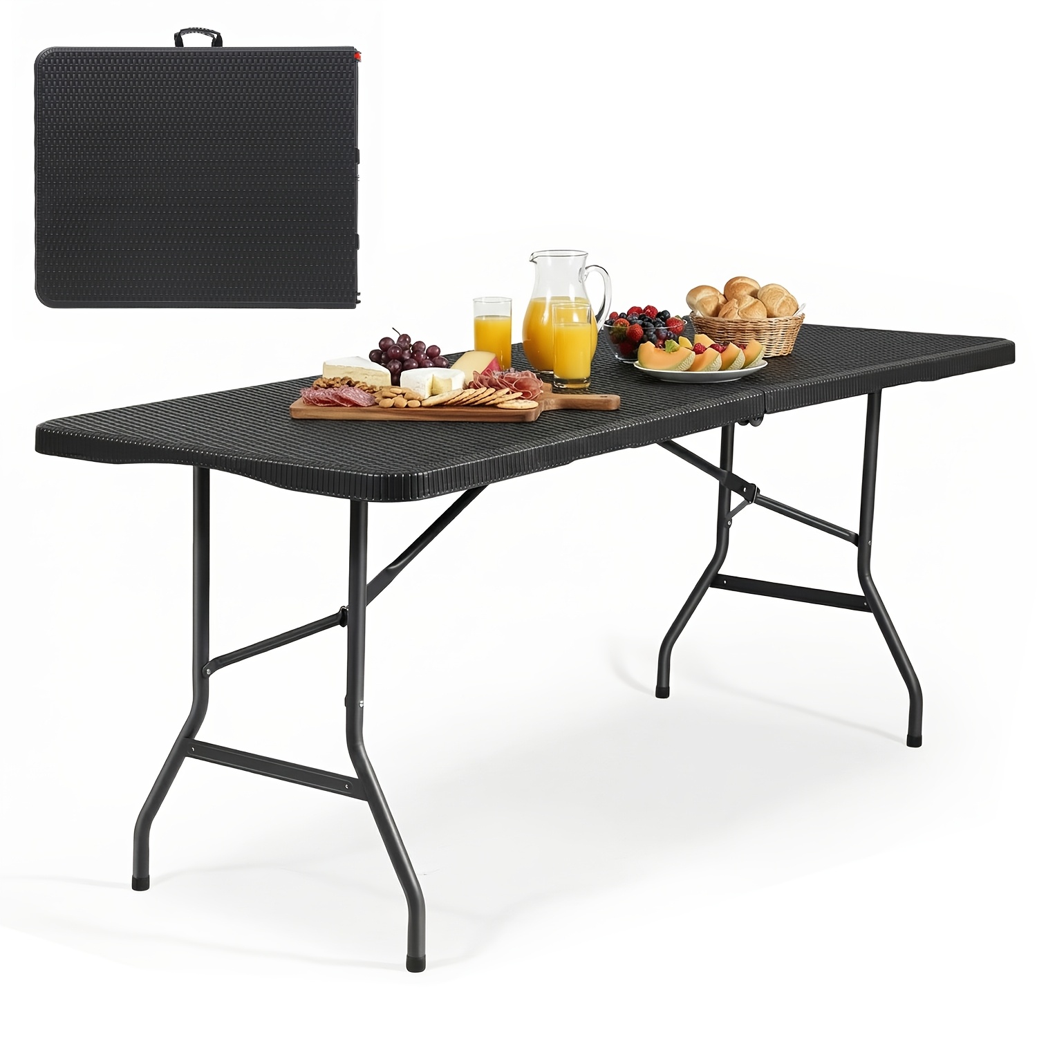 E-shop 180 cm Klappbarer Buffet-Tisch aus Kunststoff mit Griffen, ideal für Garten und Camping, bietet Platz für bis zu 6 Personen