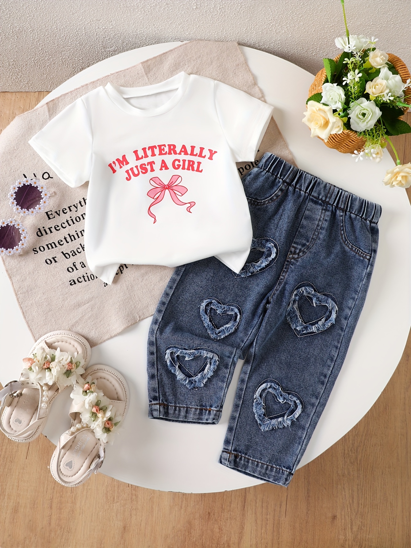 Fancy Jeans Baby Baby Girl's Bow Print Short Sleeve Denim Jeans