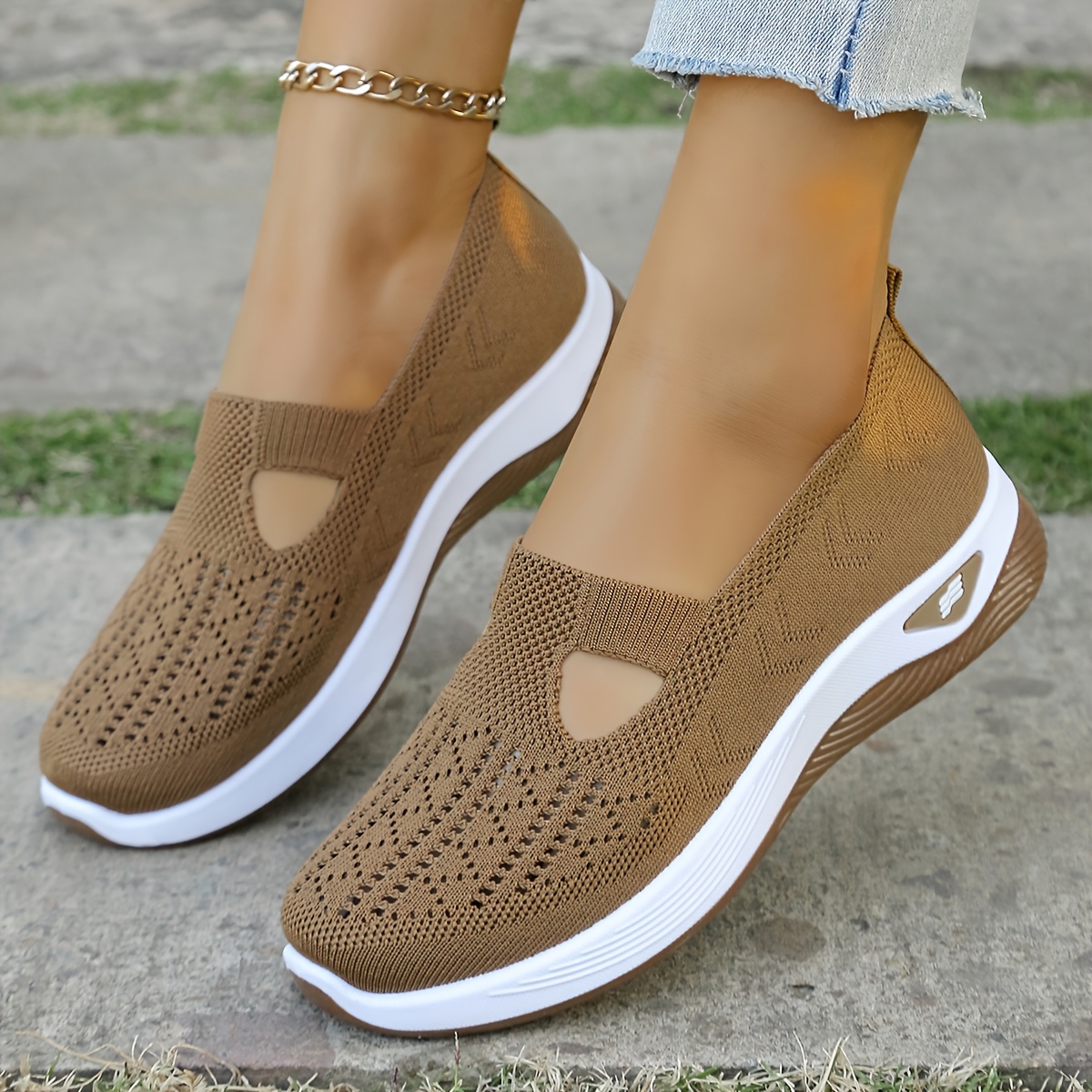 1 Pair Women'S Breathable Open Toe Sneakers, Casual All-Season Slip-On Walking Shoes, Lightweight Flat Sole with Solid Color Design, Comfortable Fabric Upper/Inner and Faux Sole