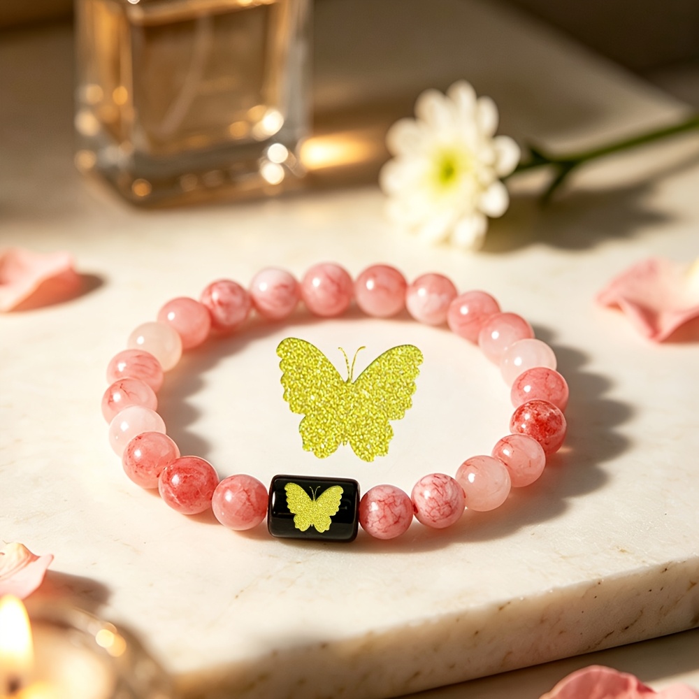Women's Natural Agate Beaded Bracelet with Golden Engraved Butterfly