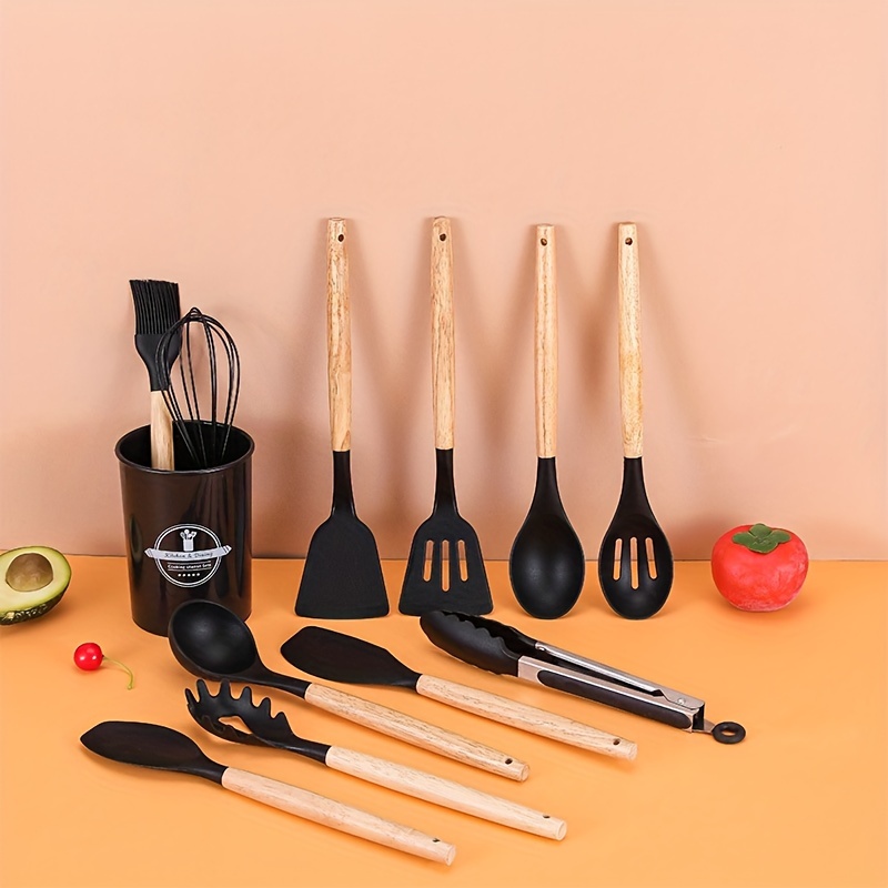 Non stick Silicone Cooking Utensils Set Natural Wooden - Temu Italy