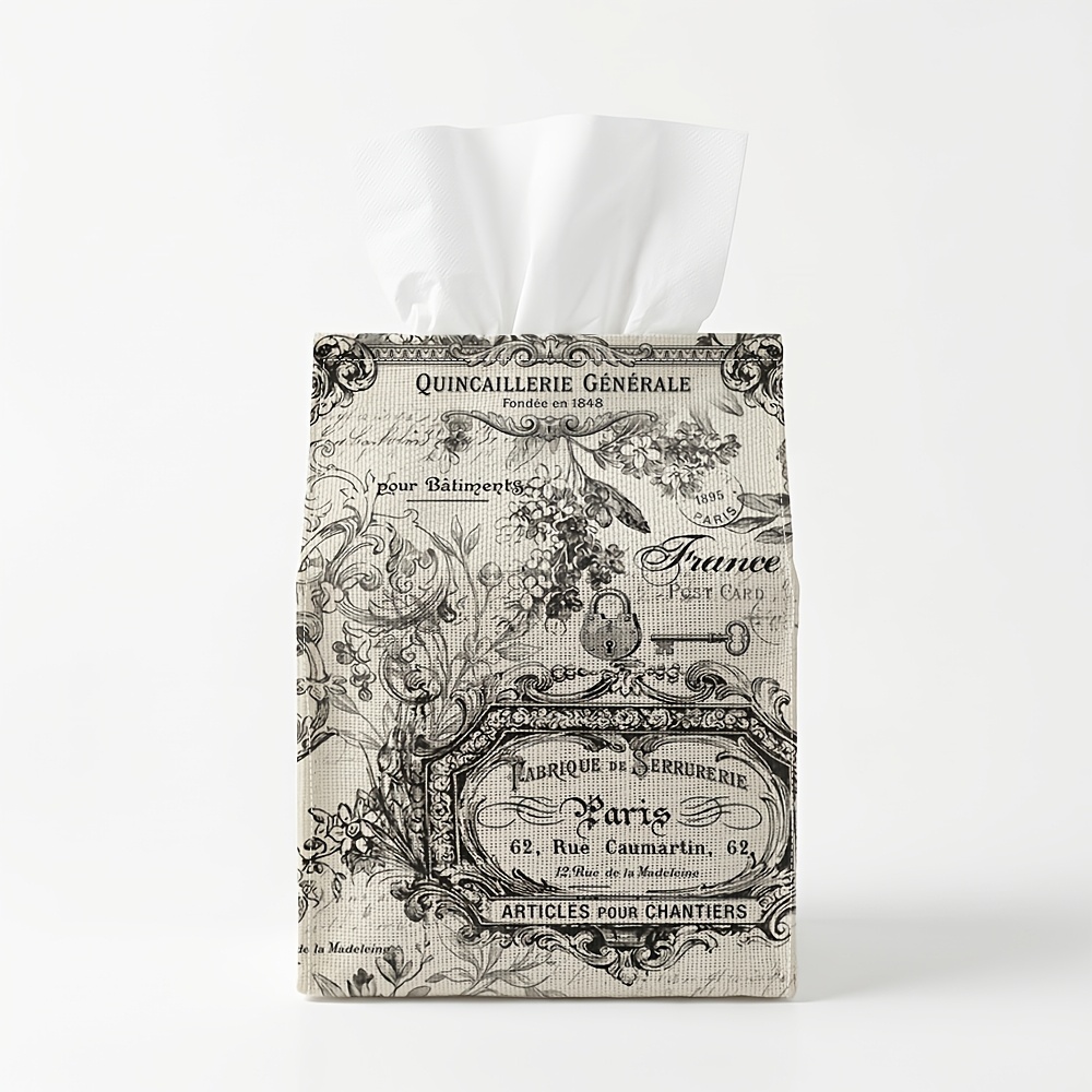 TEMU 1pc Couvercle de boîte à mouchoirs vertical Éphémère français Vintage, typographie ancienne et clés vintage, distributeur de serviettes