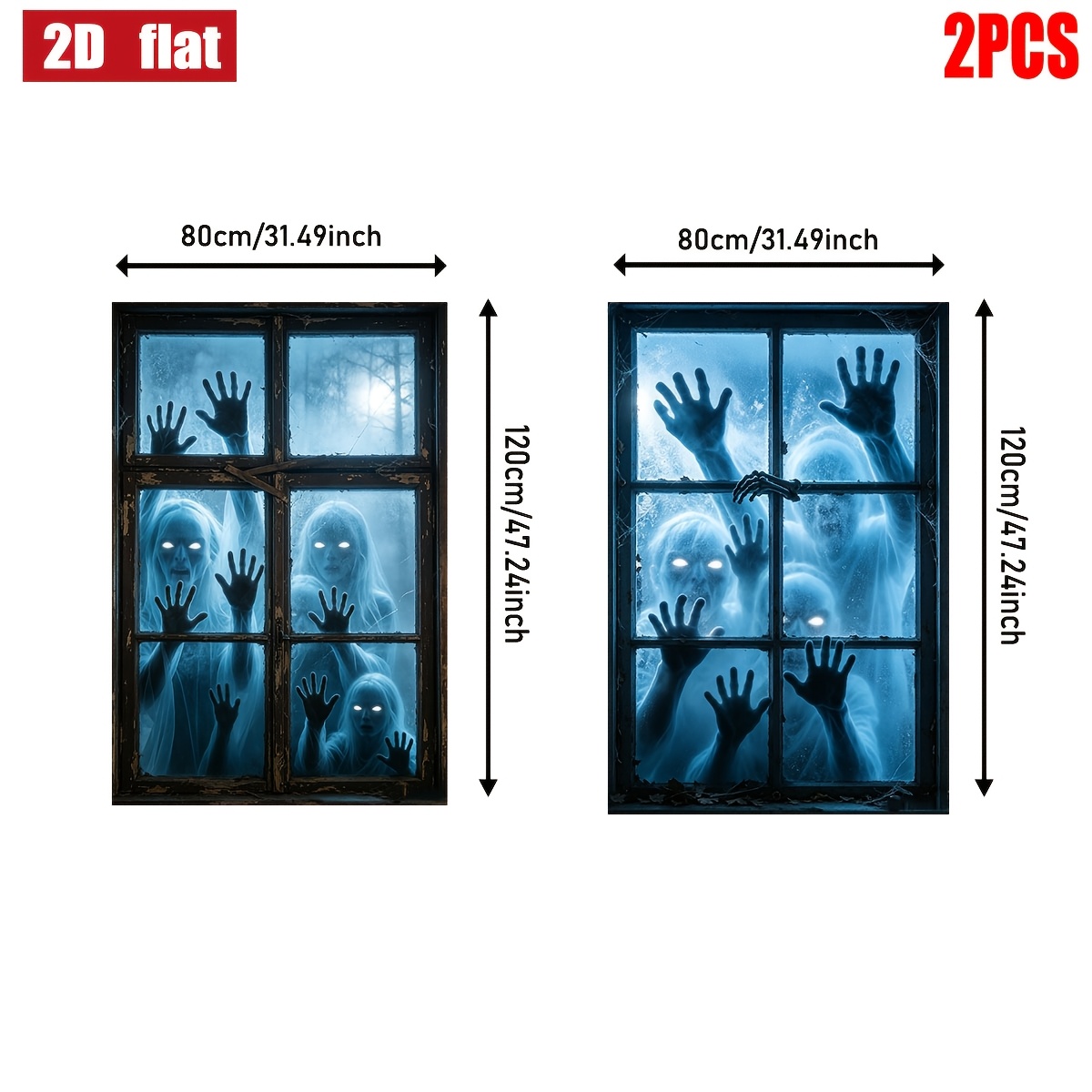 Image of 2d Flat, 2d Flat - 2d Flat Banner, 2pcs, 47.2in X 31.5in, Eerie Silhouette Window Front Cover Banner, Foggy Window, Indoor Outdoor Halloween Decor, House Background Cloth, Party Prop
