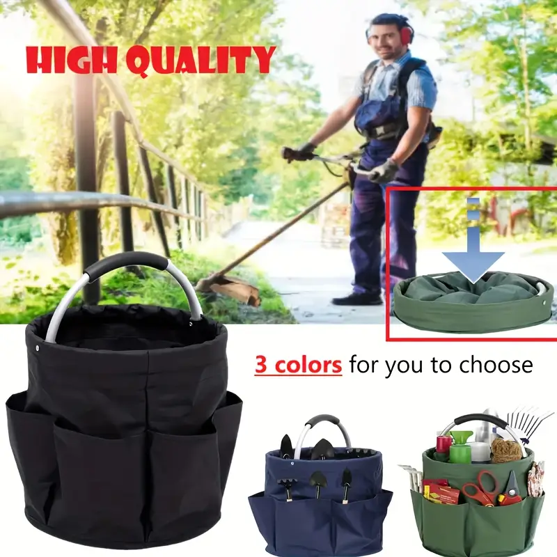 heavy duty high quality oxford fabric multi pocket foldable tool organizer bag portable storage tote for gardening diy with ergonomic handle black navy olive essentials carrier durable construction details 1