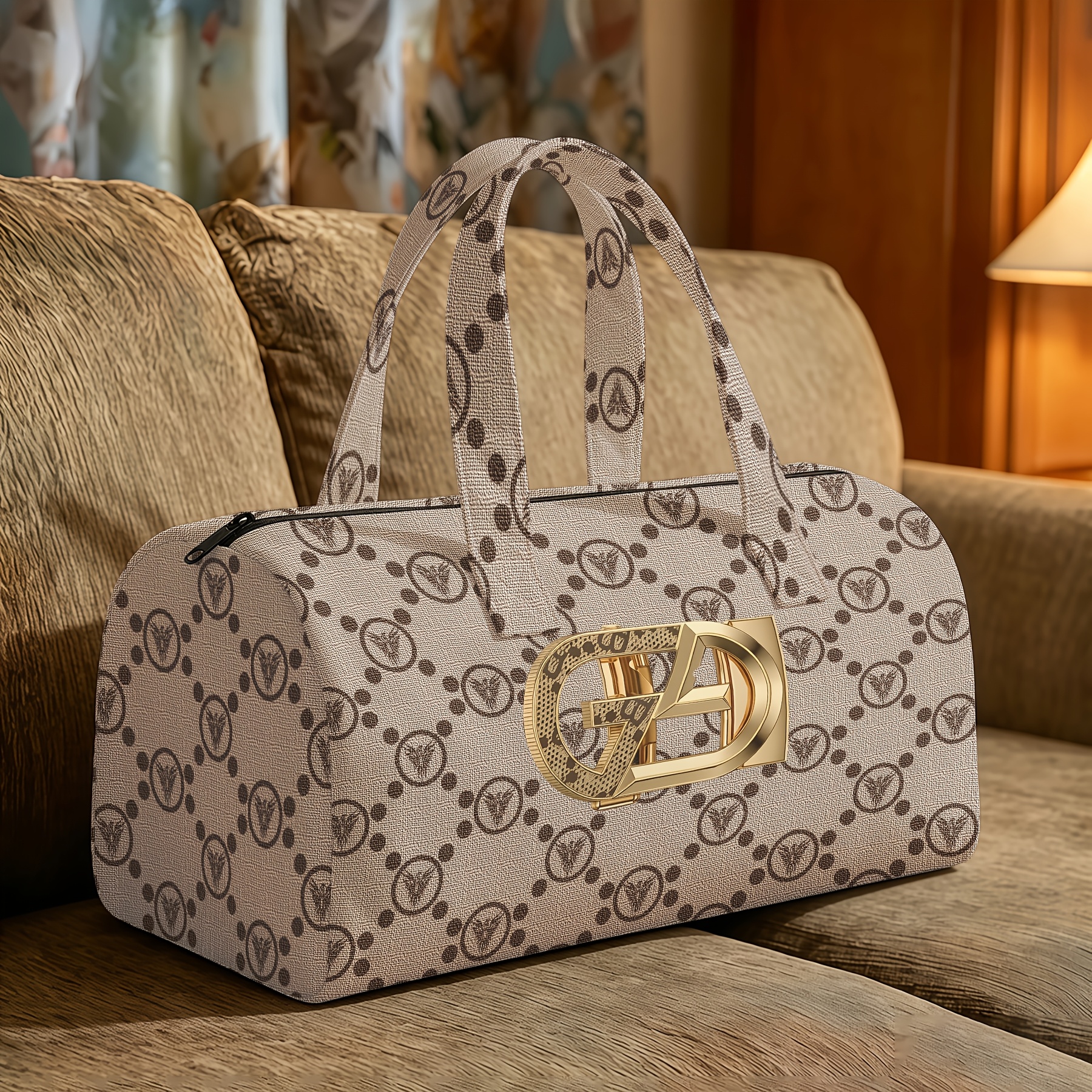 Image of Elegant Beige Tote Bag With Golden Logo And Letter Print - Zipper Closure, Ideal For Weekend Travel And Shopping | Machine Washable Handbag, For Daily Use And Travel, Stylish And Easy Design