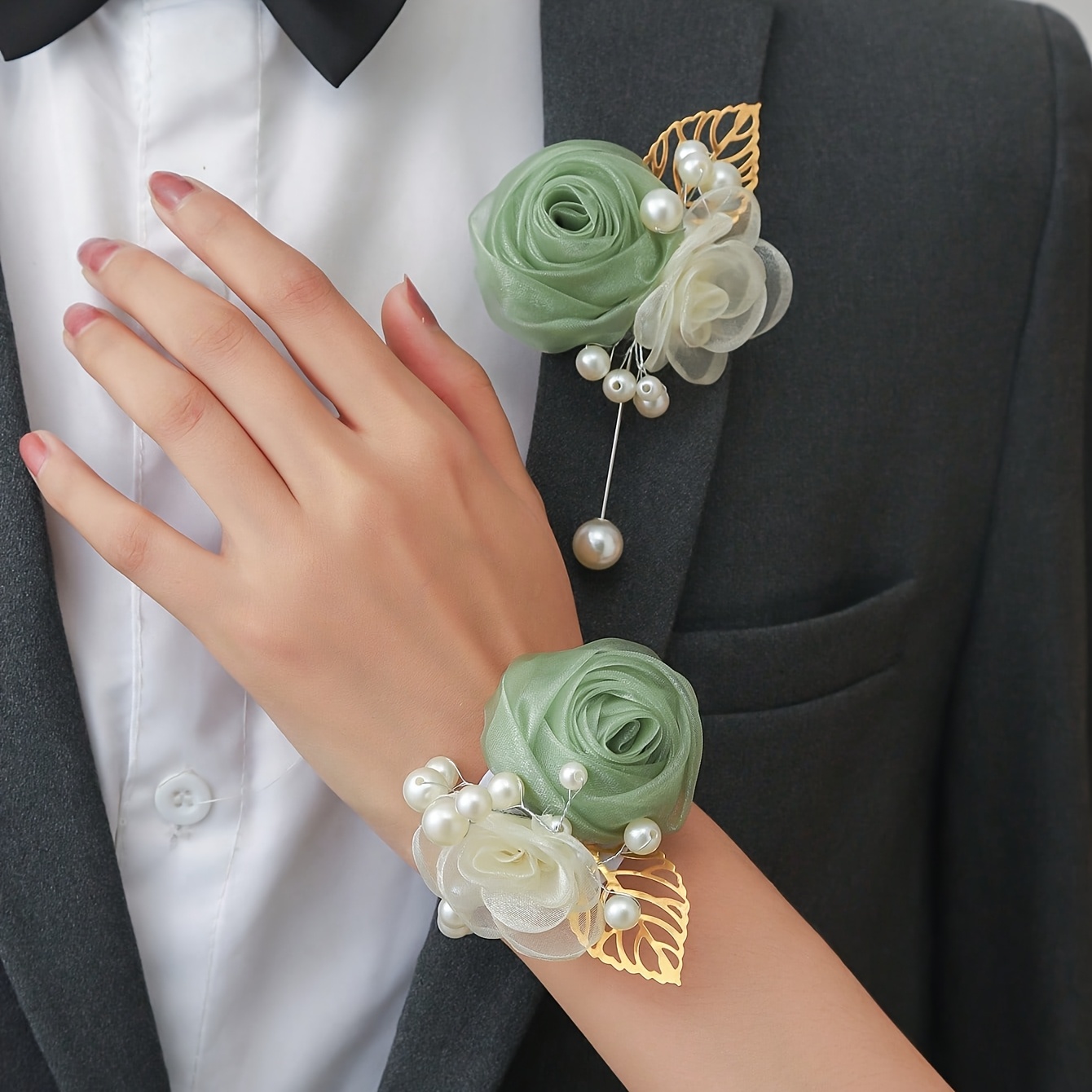 TEMU A Set Of 2 High-end Rose Flowers With Small Beads, Featuring A Beautiful Corsage And Wrist Flower, Suitable For , Brides, Groomsmen, Bridesmaids