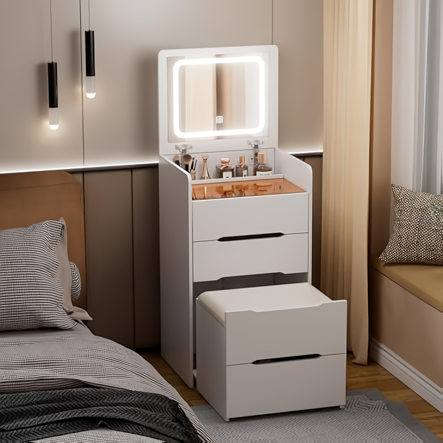 White Dressing Table, Small Cosmetic Table Set, Dressing Table With Hinged Mirror, Glass Top, 3-drawer Dressing Table With Stool, Bedroom Furniture