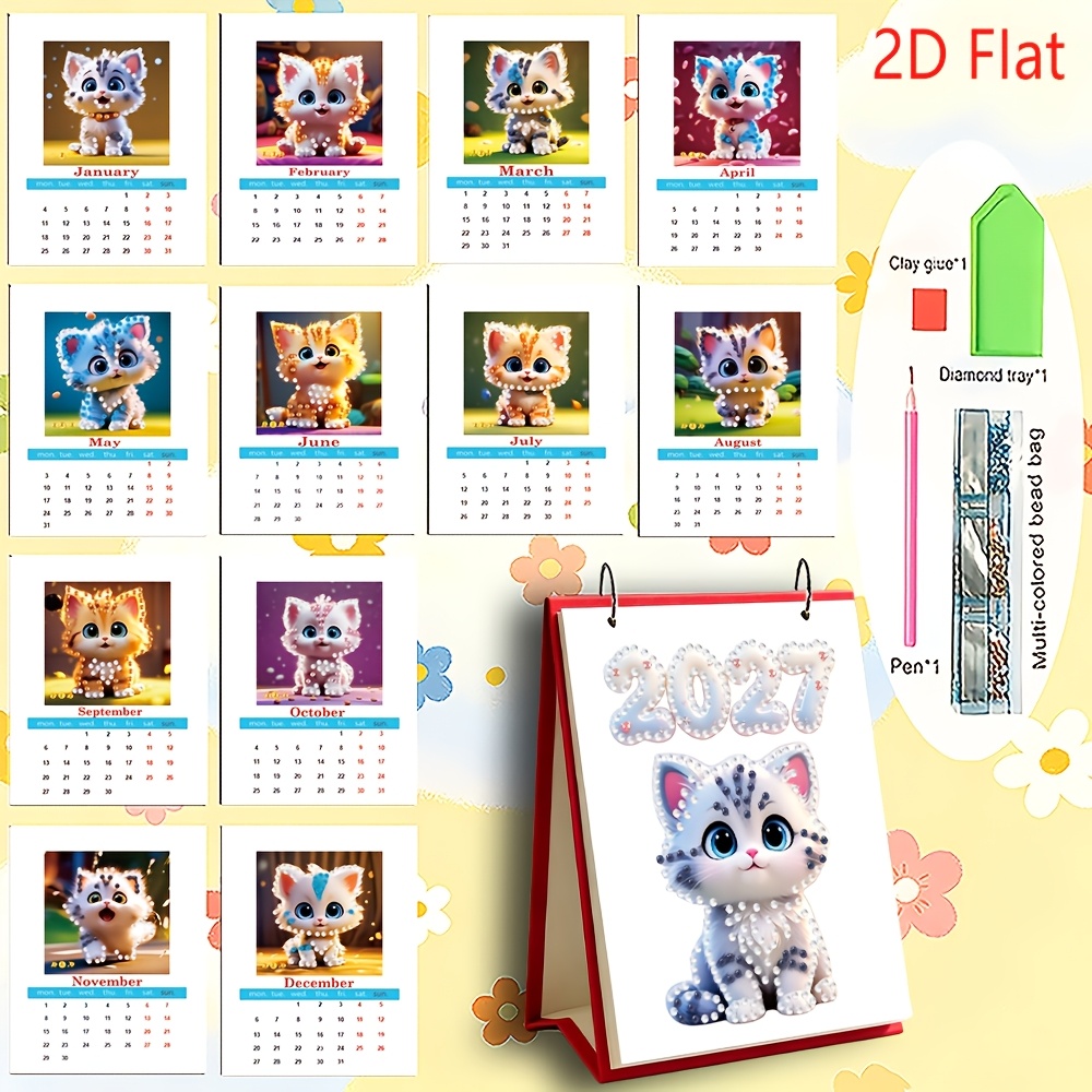TEMU 1pc 2027 New 2d Cute Cat Series Pattern Diamond Painting Diy Holiday Series Pattern Calendar, Desktop Calendar, Desk Calendar, Office Desk