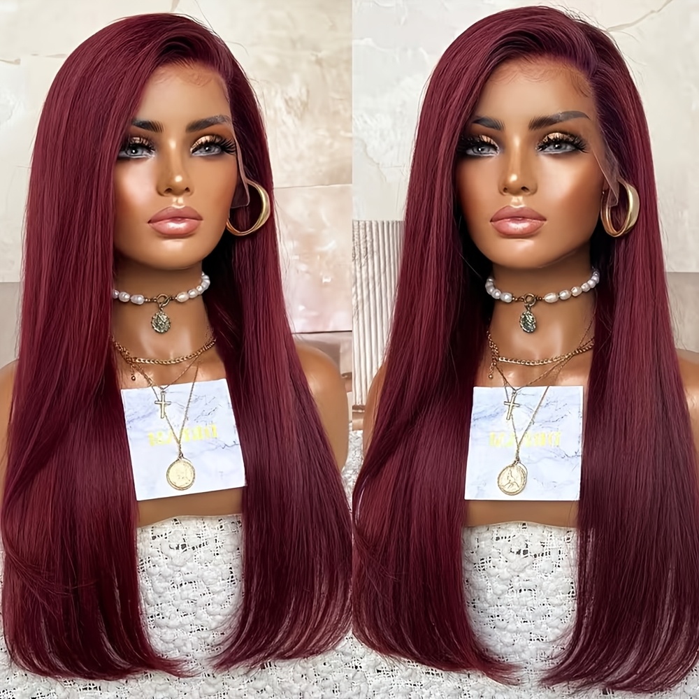 28inch 99j Color Burgundy Straight Lace Front Wig 13x4 Hd Transparent Lace Glueless Free Part Dark Red Long Straight Hair Wigs For Women Heat Resistant Synthetic Fiber Daily Cosplay Wig