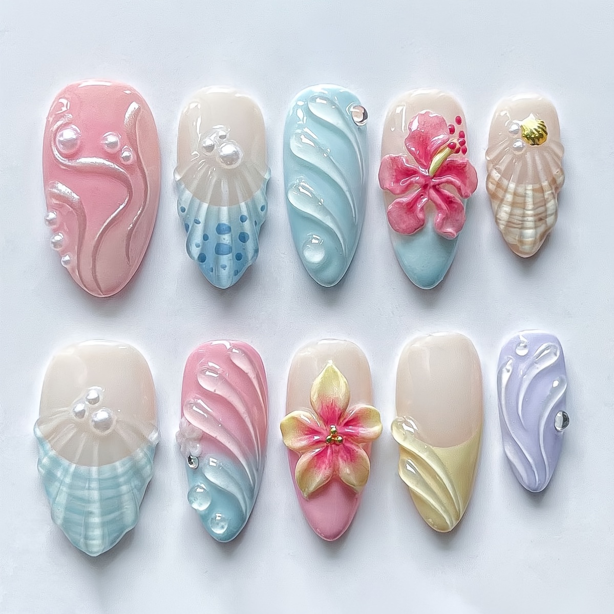 TEMU Upgrade Your Style, 24pcs Chinese Almond-shaped Fake Nails, 3d Carved Gradient Wearing Nail Design, Bright Detachable Fake Nails