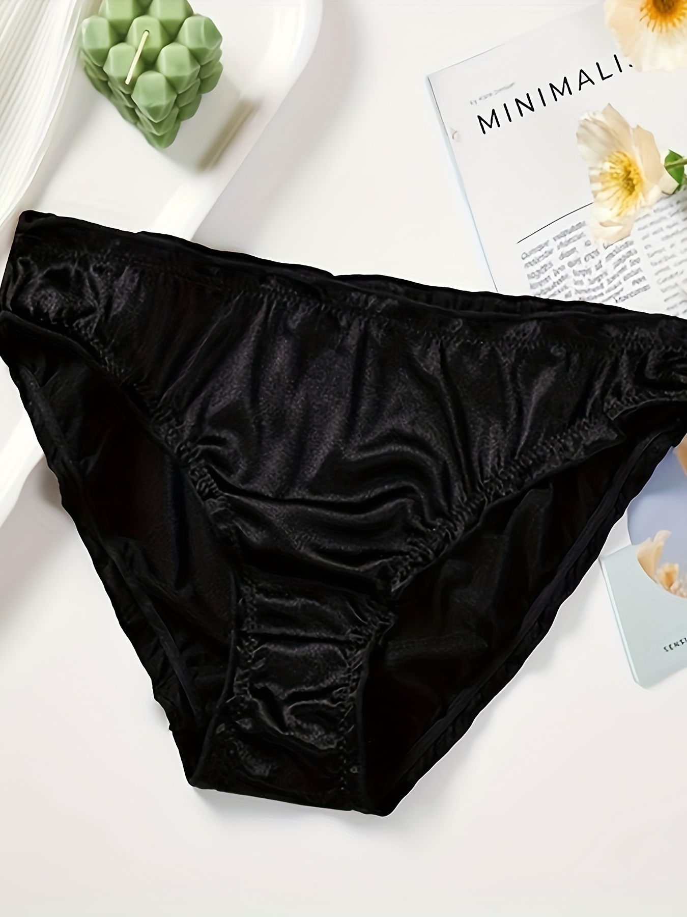 Women Silk-like Satin Panties Bikini Underwear Breathable Solid Color Briefs