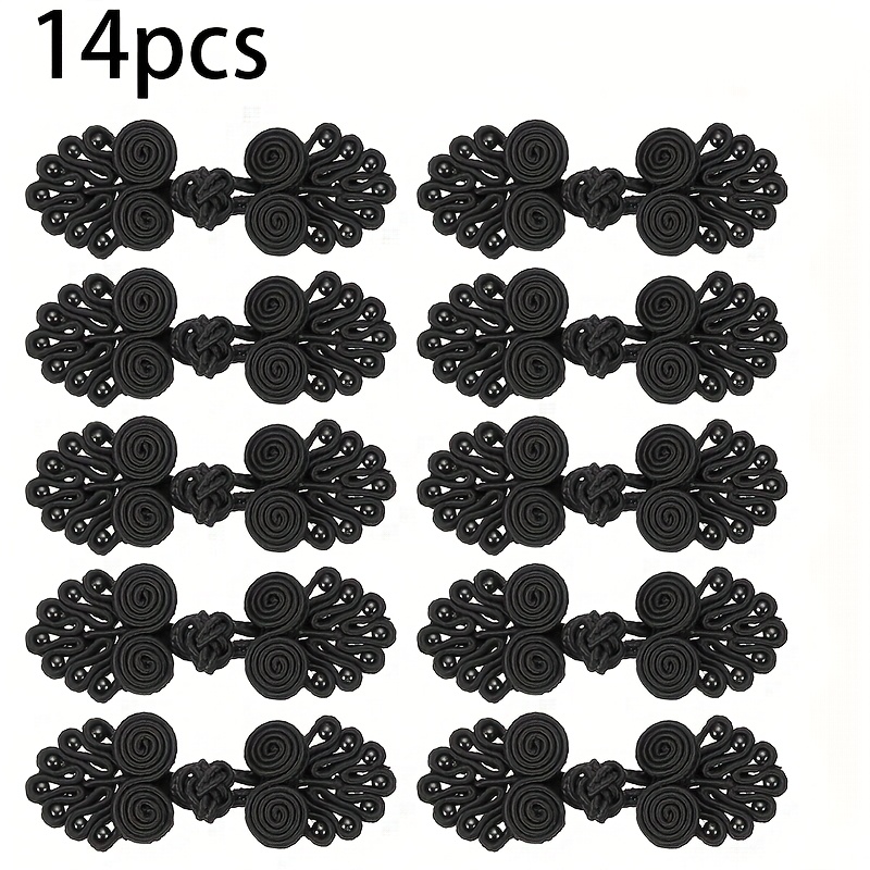 E-shop 14 Stück Chinesische Knoten Froschknöpfe Verschluss Schwarze Nähknöpfe mit Perlen für DIY Nähen Mäntel Umhang Pullover Brautkostüm Outfit