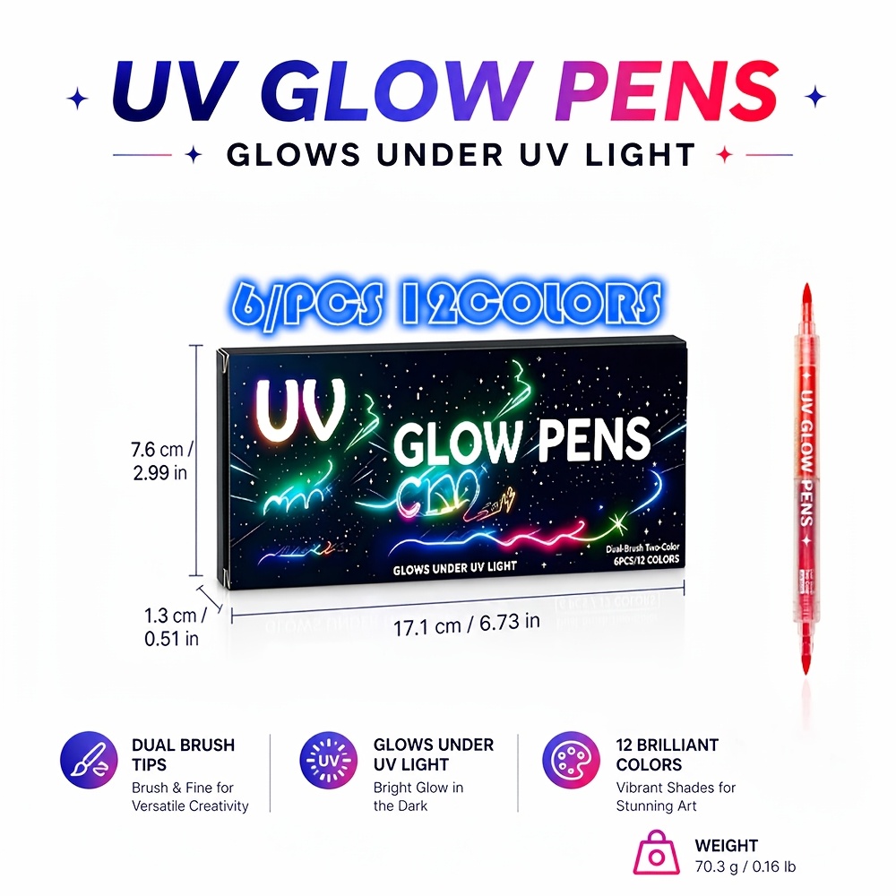 TEMU Dual-head Two-color Fluorescent Pens 6pcs-12colors/9pcs-18colors Ultraviolet Color-revealing Graffiti Pens Party Special Glow Pens Suitable For