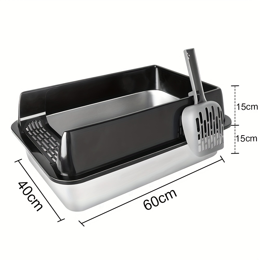 TEMU Extra For Large Stainless Steel Litter Box For , Measuring 60x40x30cm, Featuring High Sides And , In Silvery And Black