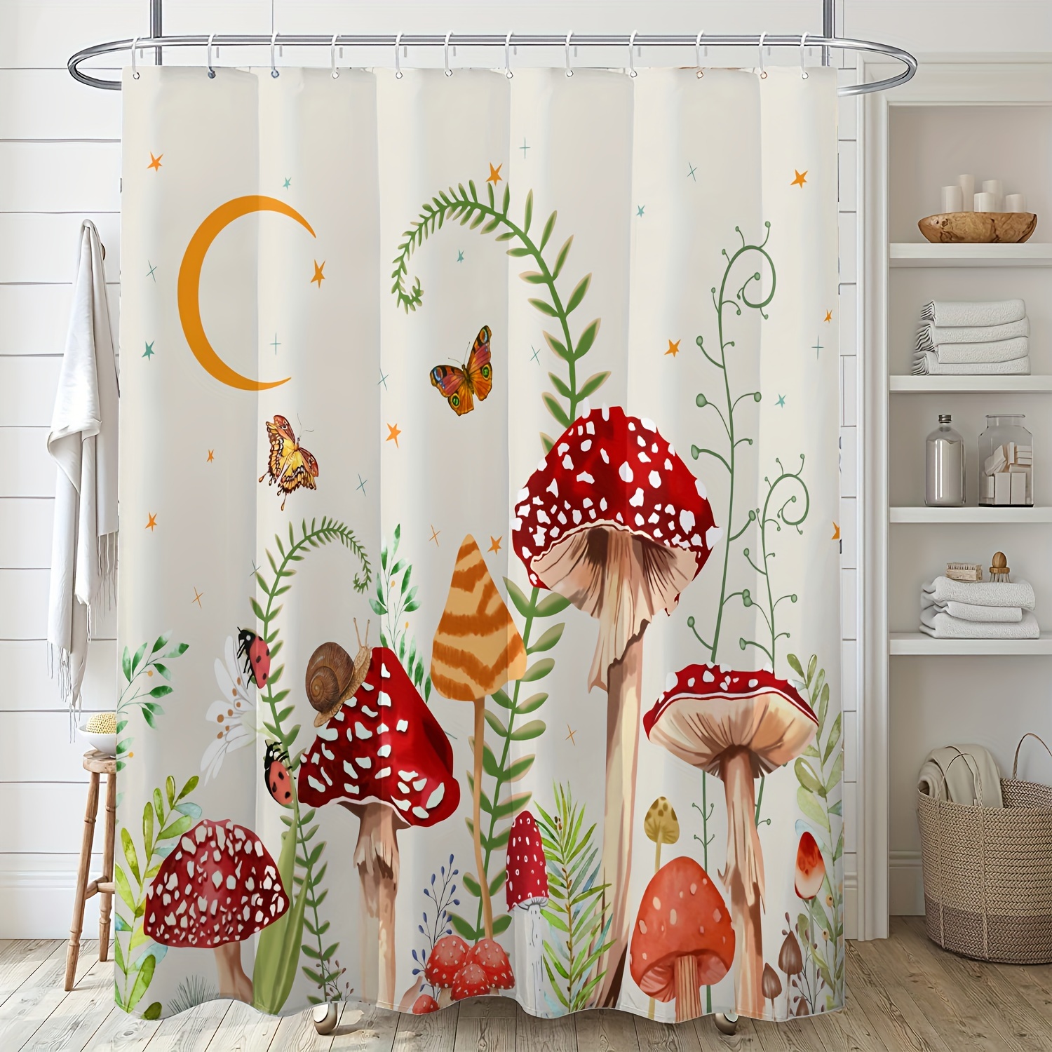 Mushroom Shower Curtain - Watercolor Jungle Plants Design, 72x84 Inches, Waterproof Polyester, Includes 12 Hooks