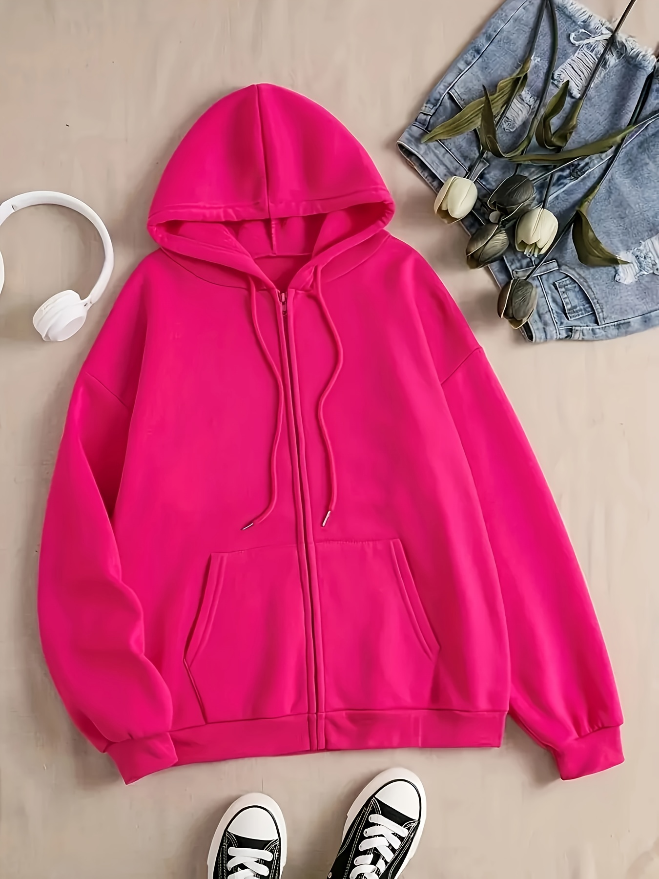 sudadera capucha cremallera mujer forro polar color rosa Temu