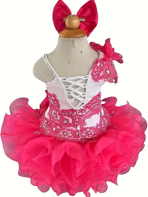 girls elegant hot pink white tulle pageant dress with lace bodice floral accents sparkling bow adjustable sash tie birthday party outfit for girl clothes