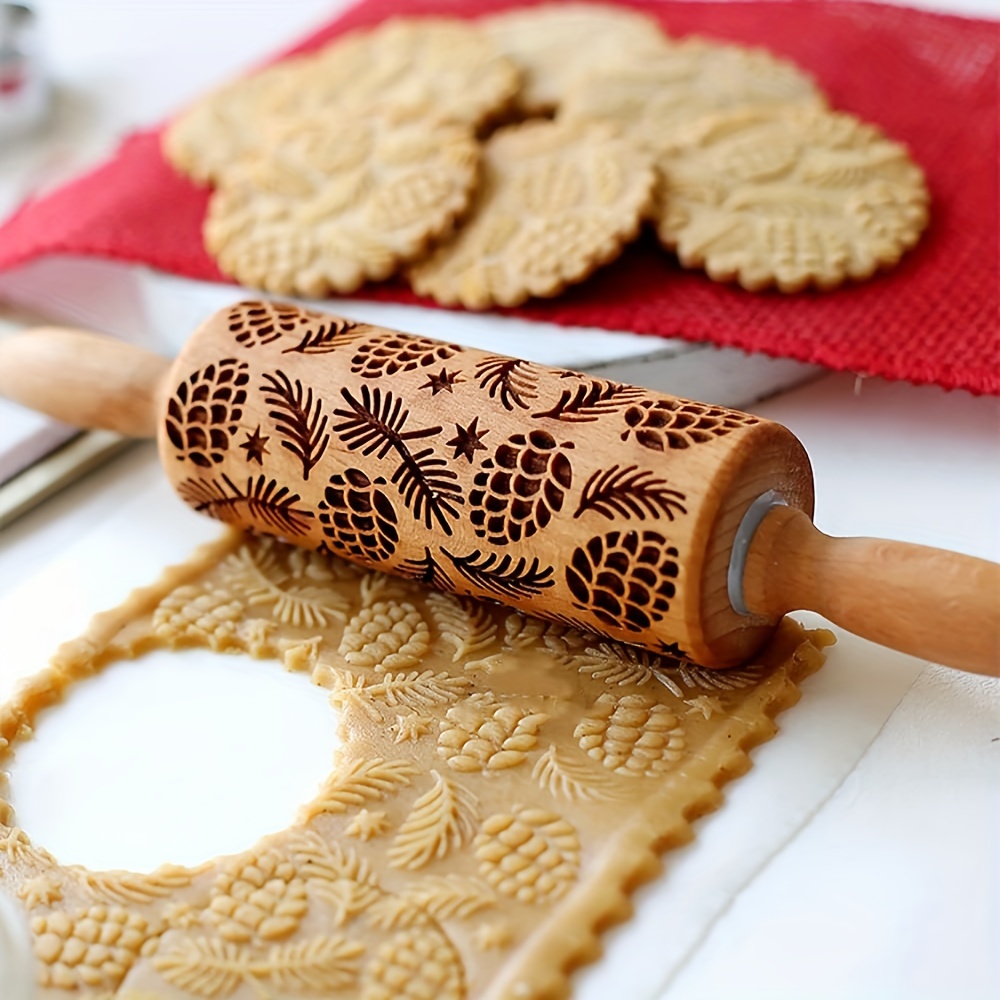 

1pc Rouleau à Pâtisserie en Bois Motif & Feuille de Houx - Gravé au Laser, Outil de Gaufrage pour les Aliments pour Biscuits de Noël Décoratifs, Cadeau Idéal pour les Fêtes