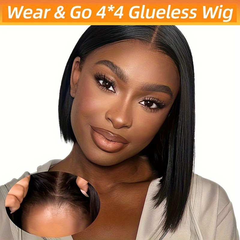 

Wear And Go Glueless Bob Wig Human Hair Straight 4x4 Pre-cut Hd Lace Glueless Wigs Pre-plucked Transparent Lace Front Closure Wigs For Women 200% Density 12 Inch