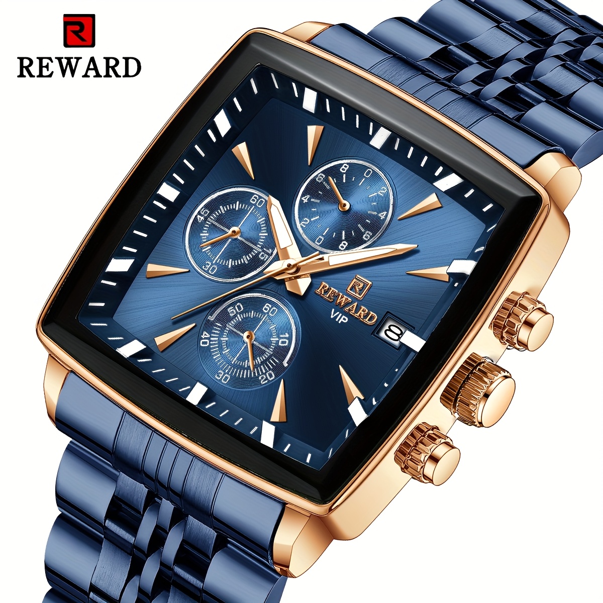 Image of Reward Men's Watches Blue Rectangle Quartz Wristwatches Luxury Business Watch Clock Luminous Hands Clock For Man Rose Silvery