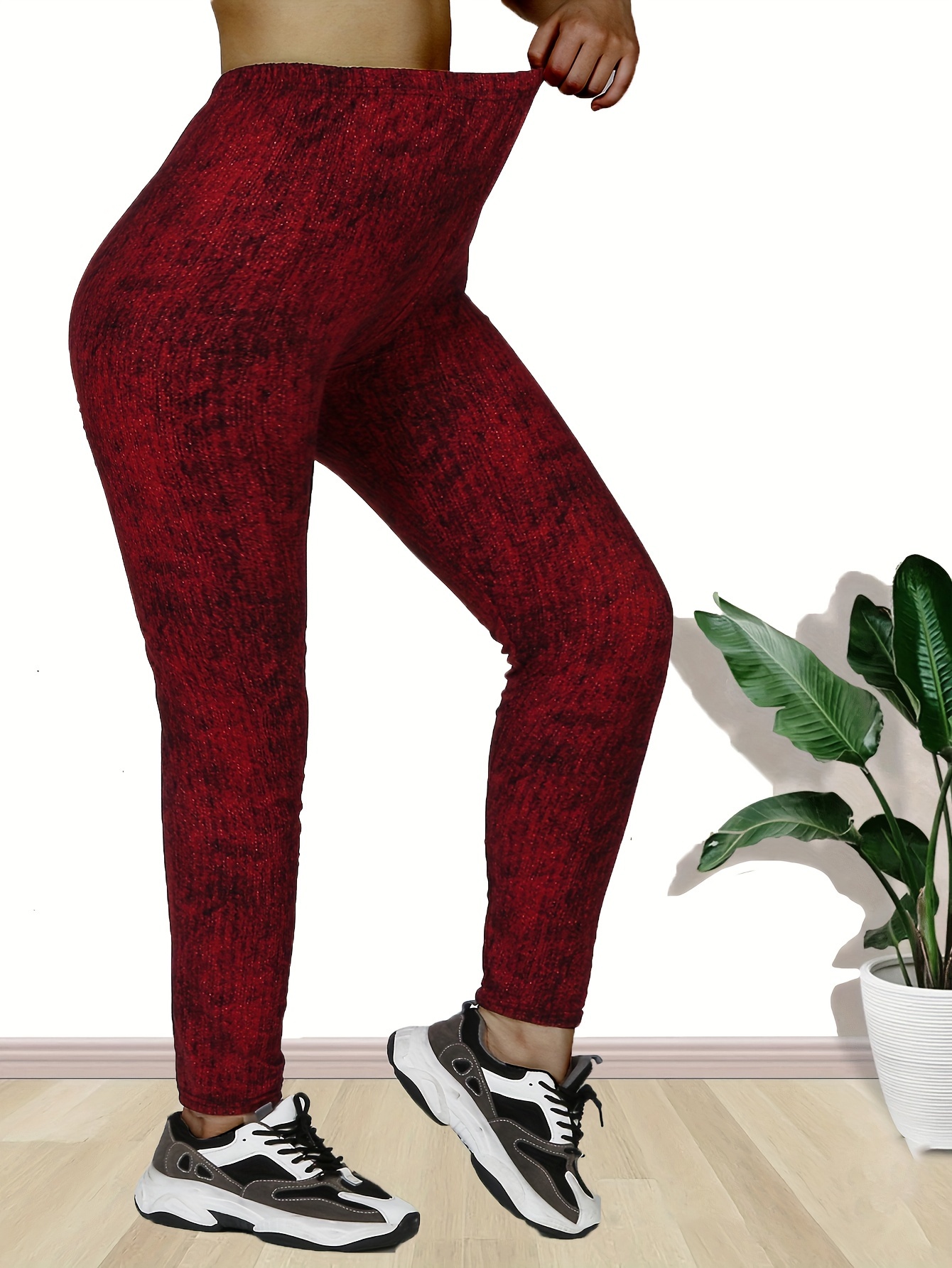 Plus Size Women's High-Waisted 7/8 Leggings - Soft Stretchy Workout Tights with Four-Way Stretch, Herringbone Print & High Elastic Waistband for Gym, Yoga, Running - All-Season Machine Washable Fitness Pants