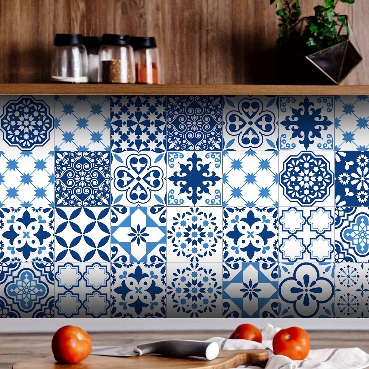 

1pc Bohemian Pattern Blue White Sticker, Waterproof Thick Self-adhesive Moisture-proof Kitchen Sticker, Home Decoration Ethnic Pattern Wallpaper Wall Sticker