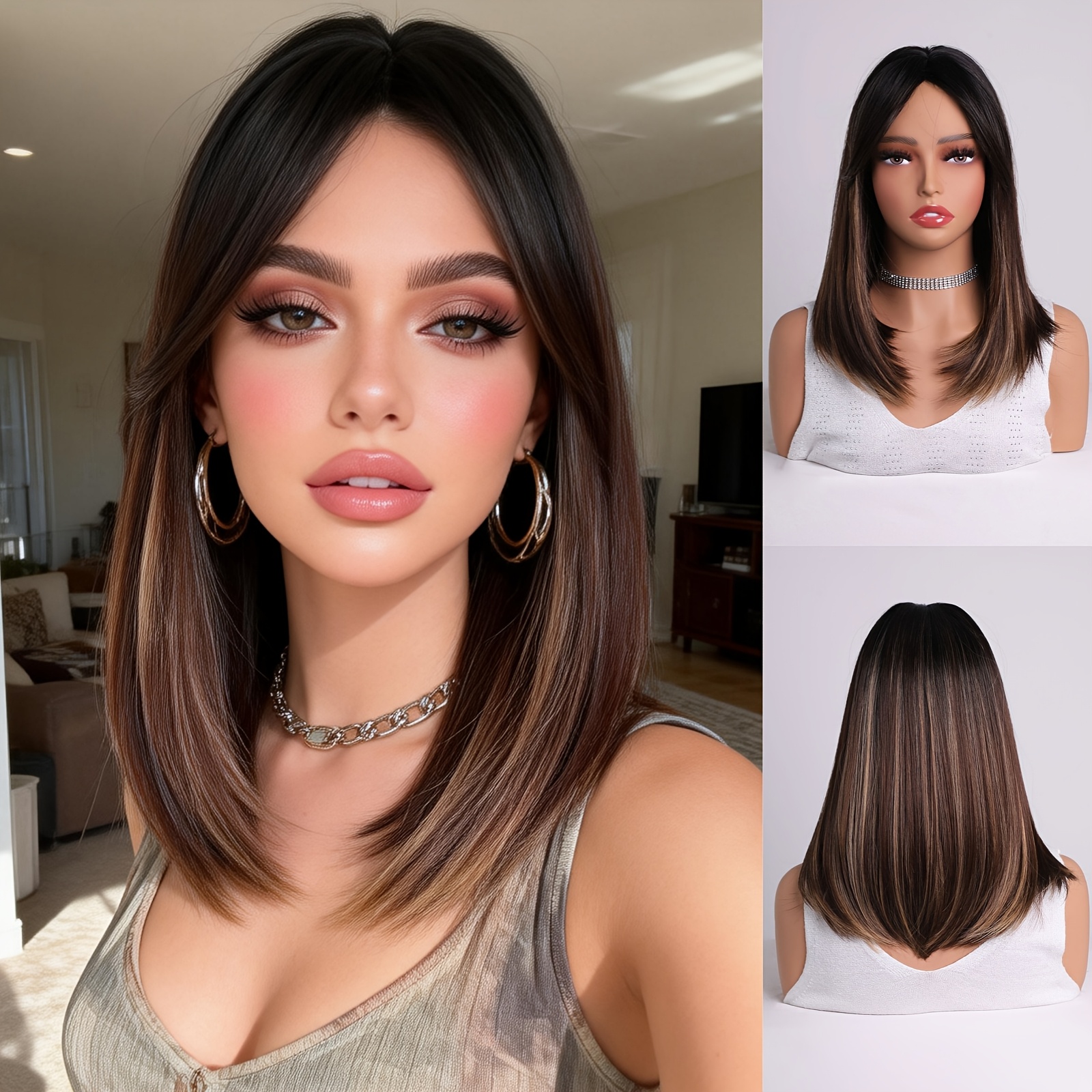 TEMU 16-inch Medium-long Straight Wig For Women With Black-brown Gradient Color, High-temperature Resistant Synthetic Hair, Mesh With Exquisite Rose