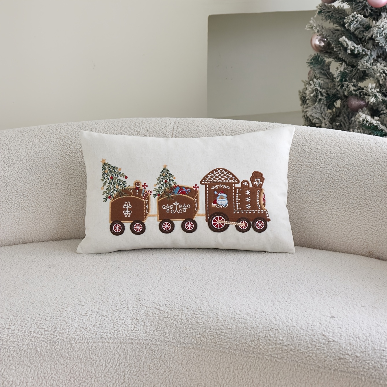 TEMU Christmas Style 3d Embossed Gingerbread Man Train Pillow Cover 1pc Without Decor Suitable For Living Room, Sofa, Bedroom, Car And Environments