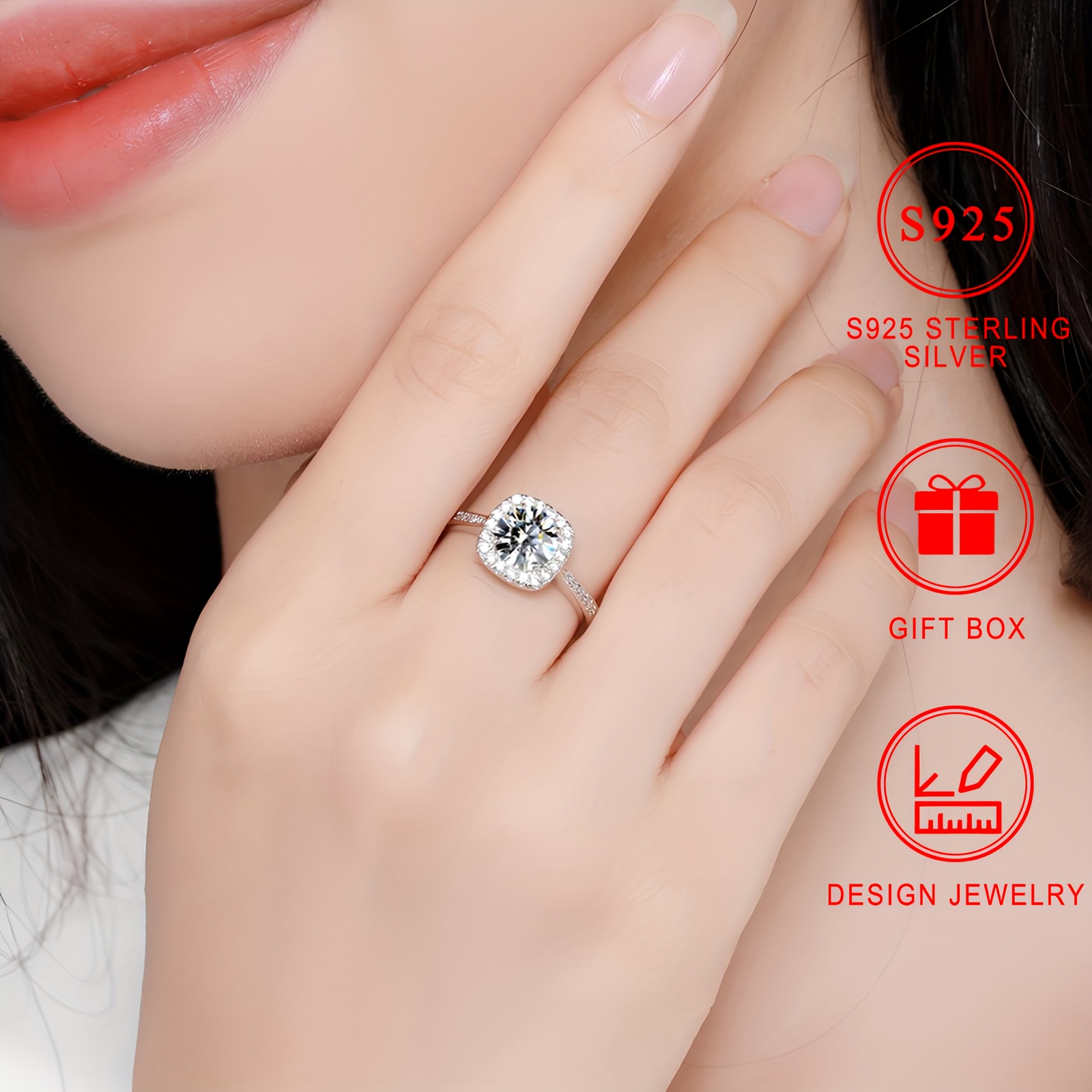 925 Silver CZ Engagement Ring, 4-Prong Setting, No Plating