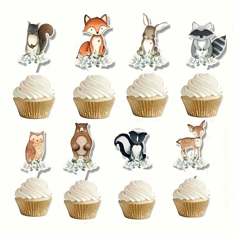 

24pcs/pack Woodland Creatures Cupcake Toppers Wrappers For Forest Animals Theme Decorations, Woodland Theme Baby Shower Birthday Party Supplies