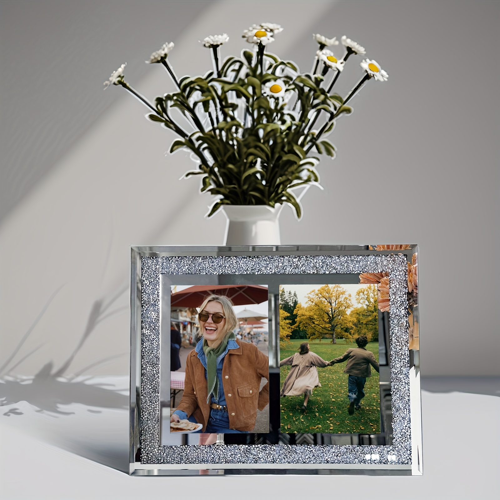 Image of 1pc Mirrored Glass Rhinestone Photo Frame - Creative Picture Frame, Holding 2pcs Photos, Suitable For Wedding Photos