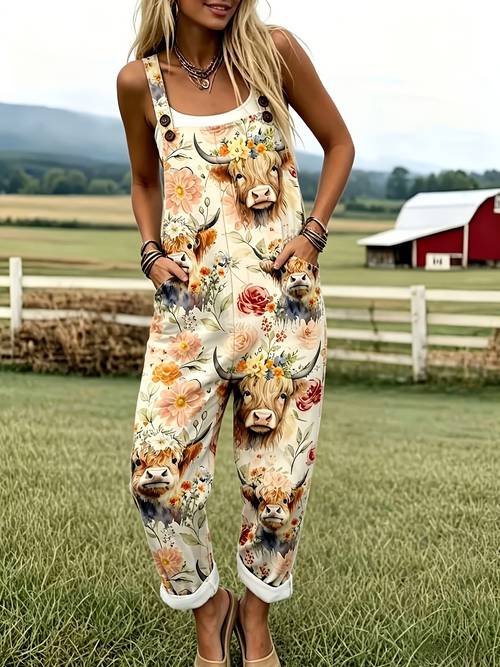 farm cow print pocket loose fit adjustable suspender overalls d57